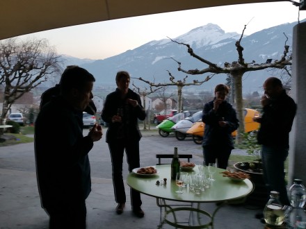 Enjoying wine from the winery we're visiting - plus stunning views!