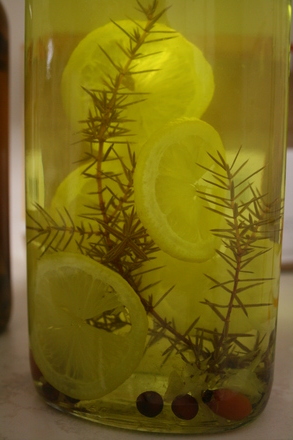 lemon rakija - with juniper berries and other herbs